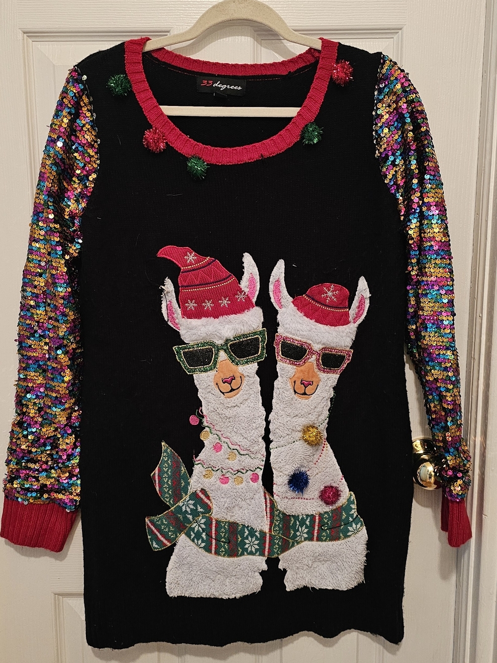 32 Degrees Black Llama Sequin-Sleeve Holiday Sweater